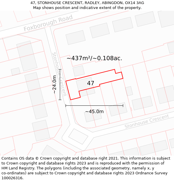 47, STONHOUSE CRESCENT, RADLEY, ABINGDON, OX14 3AG: Plot and title map