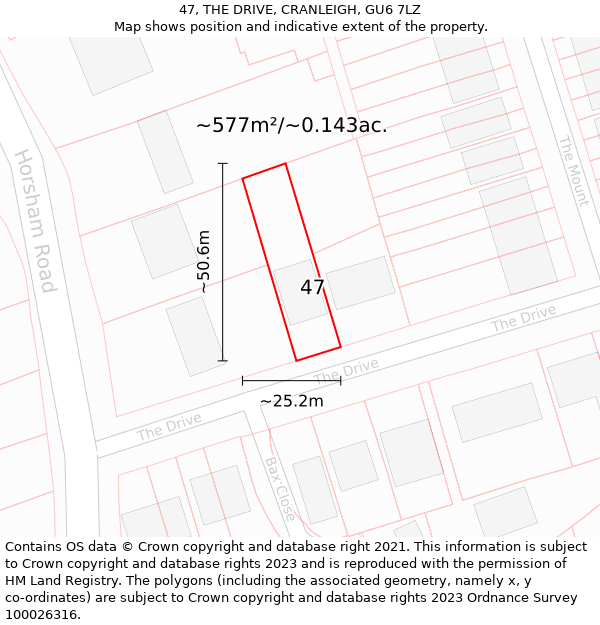 47, THE DRIVE, CRANLEIGH, GU6 7LZ: Plot and title map