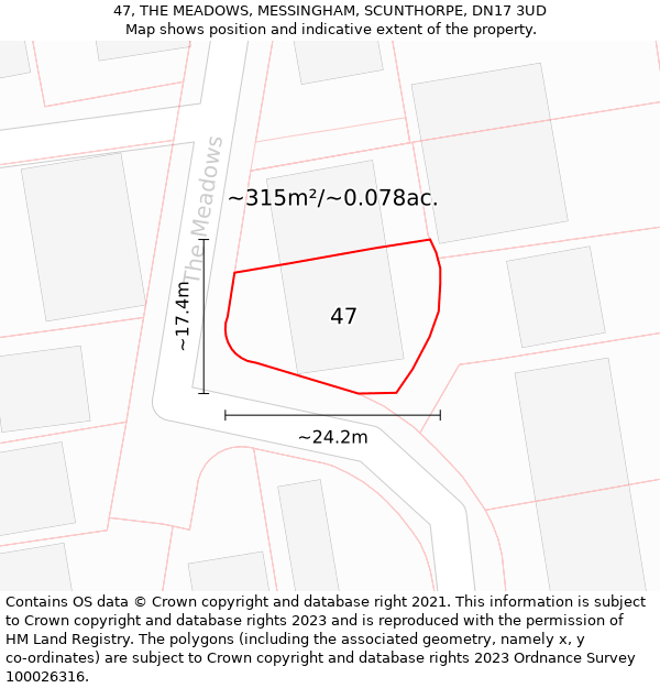 47, THE MEADOWS, MESSINGHAM, SCUNTHORPE, DN17 3UD: Plot and title map