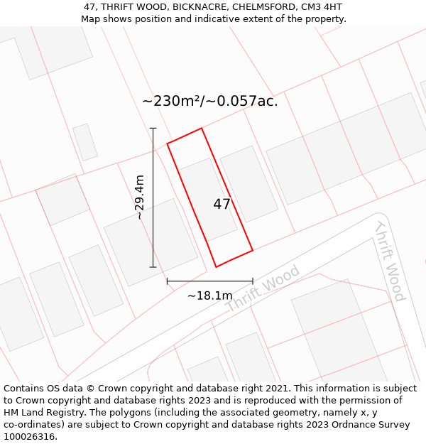 47, THRIFT WOOD, BICKNACRE, CHELMSFORD, CM3 4HT: Plot and title map