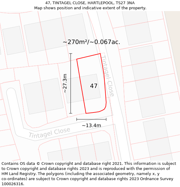 47, TINTAGEL CLOSE, HARTLEPOOL, TS27 3NA: Plot and title map