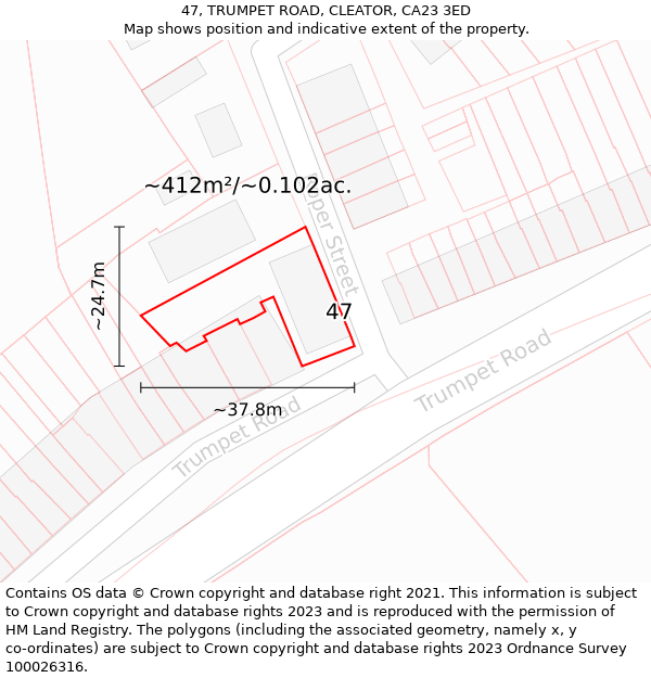 47, TRUMPET ROAD, CLEATOR, CA23 3ED: Plot and title map