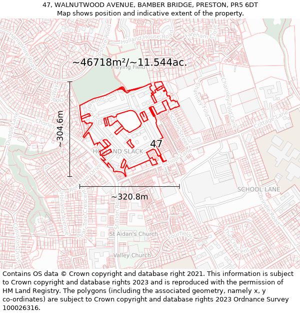 47, WALNUTWOOD AVENUE, BAMBER BRIDGE, PRESTON, PR5 6DT: Plot and title map