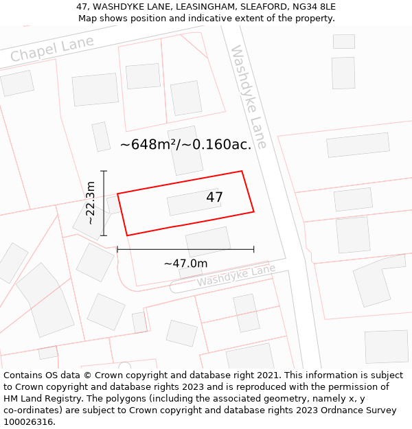 47, WASHDYKE LANE, LEASINGHAM, SLEAFORD, NG34 8LE: Plot and title map