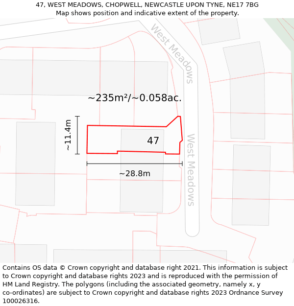 47, WEST MEADOWS, CHOPWELL, NEWCASTLE UPON TYNE, NE17 7BG: Plot and title map