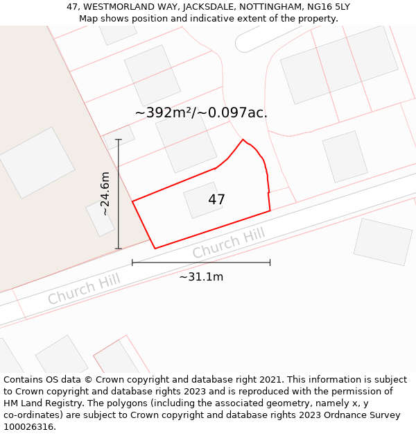 47, WESTMORLAND WAY, JACKSDALE, NOTTINGHAM, NG16 5LY: Plot and title map