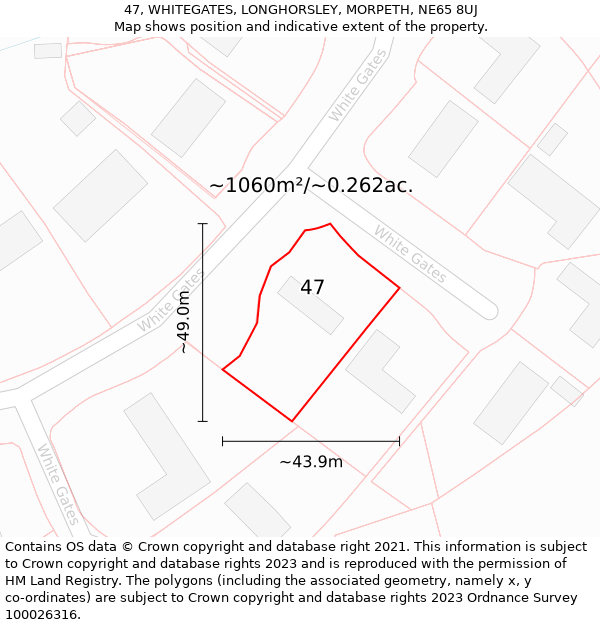 47, WHITEGATES, LONGHORSLEY, MORPETH, NE65 8UJ: Plot and title map