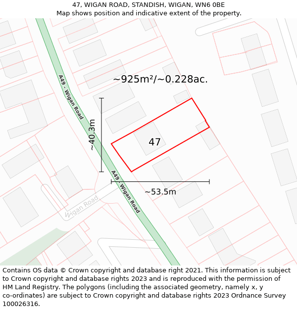 47, WIGAN ROAD, STANDISH, WIGAN, WN6 0BE: Plot and title map