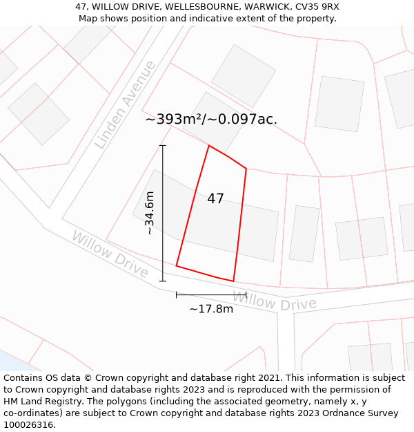 47, WILLOW DRIVE, WELLESBOURNE, WARWICK, CV35 9RX: Plot and title map