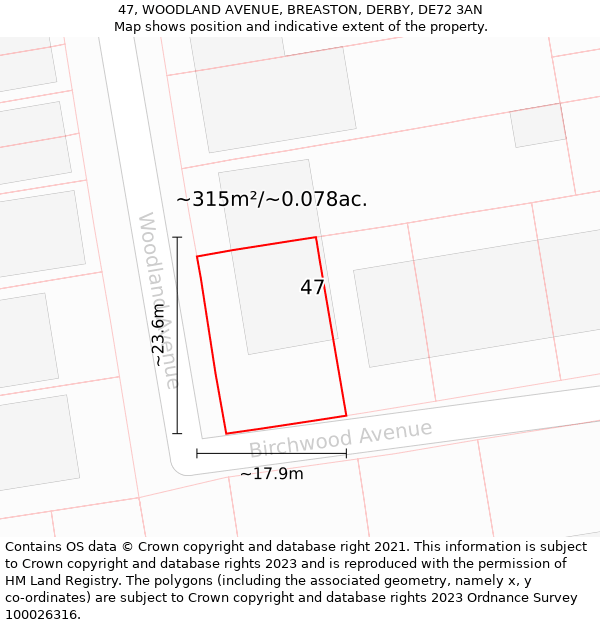 47, WOODLAND AVENUE, BREASTON, DERBY, DE72 3AN: Plot and title map