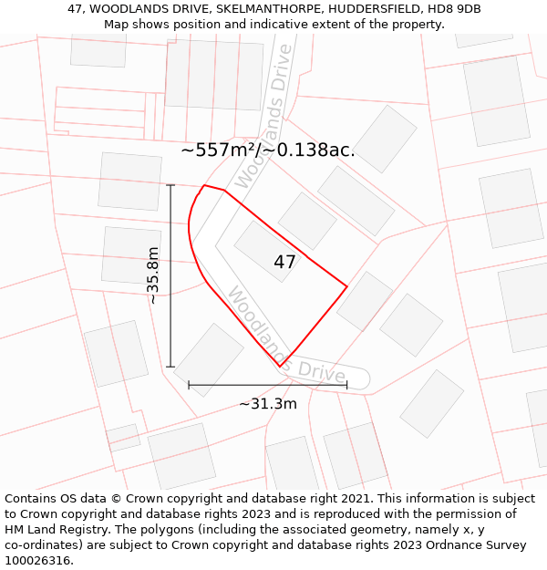 47, WOODLANDS DRIVE, SKELMANTHORPE, HUDDERSFIELD, HD8 9DB: Plot and title map