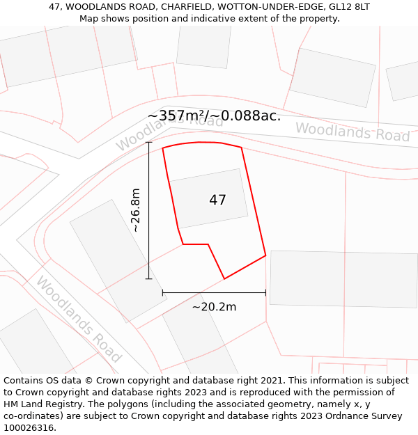 47, WOODLANDS ROAD, CHARFIELD, WOTTON-UNDER-EDGE, GL12 8LT: Plot and title map