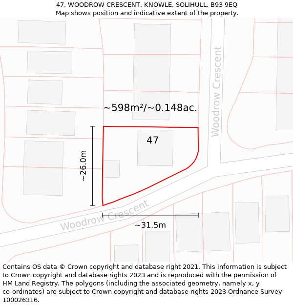 47, WOODROW CRESCENT, KNOWLE, SOLIHULL, B93 9EQ: Plot and title map