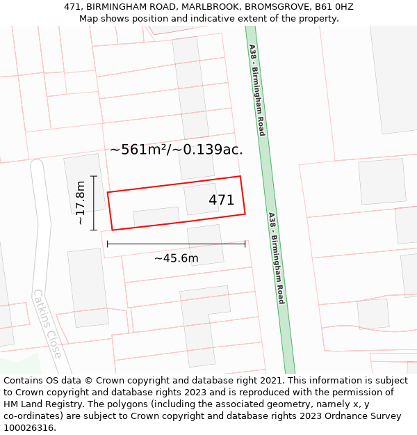 471, BIRMINGHAM ROAD, MARLBROOK, BROMSGROVE, B61 0HZ: Plot and title map