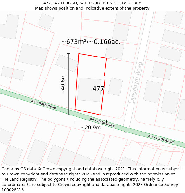 477, BATH ROAD, SALTFORD, BRISTOL, BS31 3BA: Plot and title map
