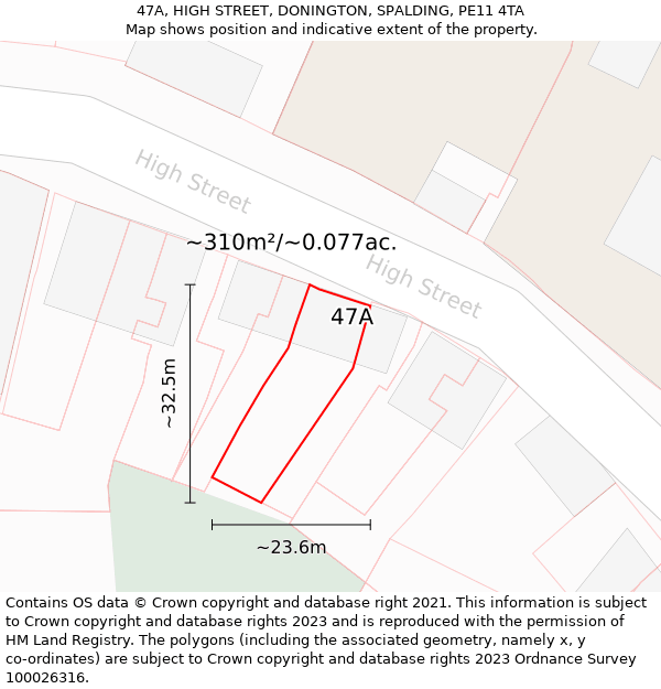 47A, HIGH STREET, DONINGTON, SPALDING, PE11 4TA: Plot and title map