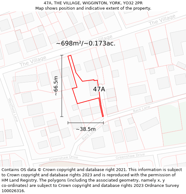 47A, THE VILLAGE, WIGGINTON, YORK, YO32 2PR: Plot and title map
