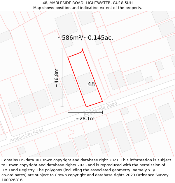 48, AMBLESIDE ROAD, LIGHTWATER, GU18 5UH: Plot and title map