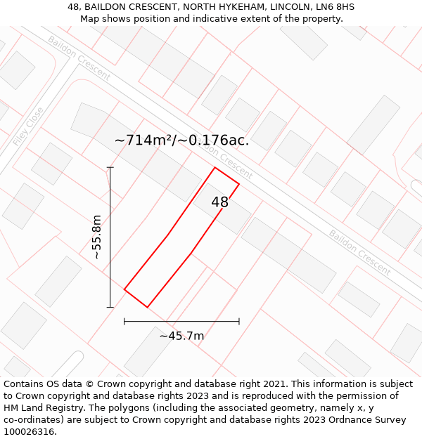 48, BAILDON CRESCENT, NORTH HYKEHAM, LINCOLN, LN6 8HS: Plot and title map