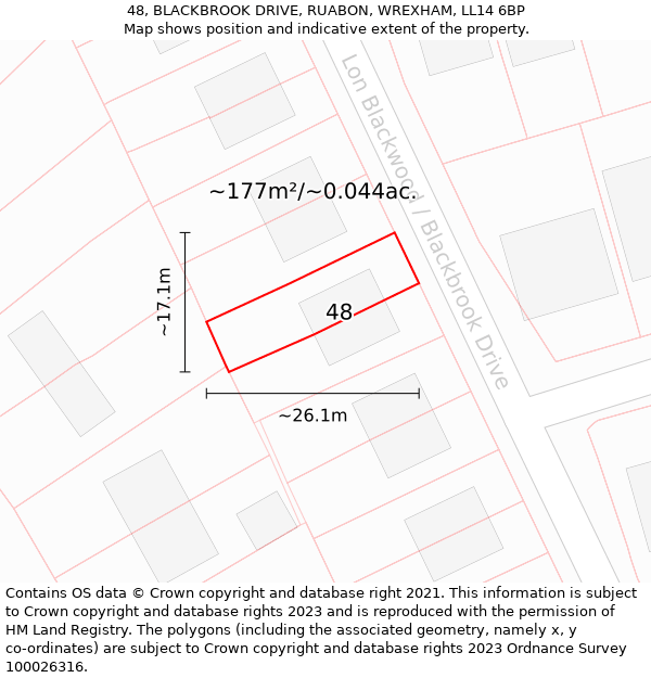 48, BLACKBROOK DRIVE, RUABON, WREXHAM, LL14 6BP: Plot and title map