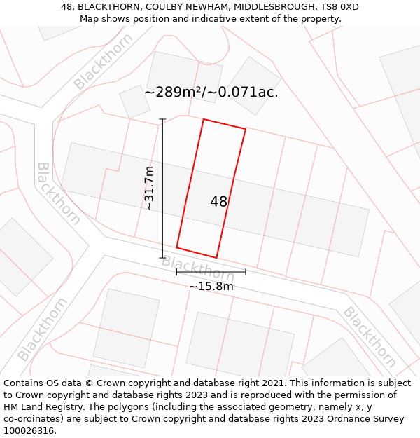 48, BLACKTHORN, COULBY NEWHAM, MIDDLESBROUGH, TS8 0XD: Plot and title map