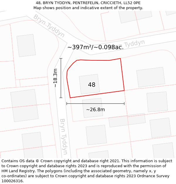 48, BRYN TYDDYN, PENTREFELIN, CRICCIETH, LL52 0PE: Plot and title map