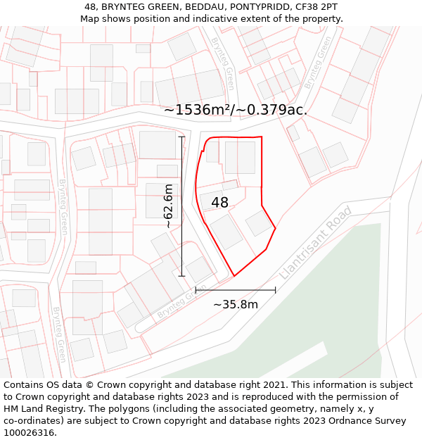 48, BRYNTEG GREEN, BEDDAU, PONTYPRIDD, CF38 2PT: Plot and title map