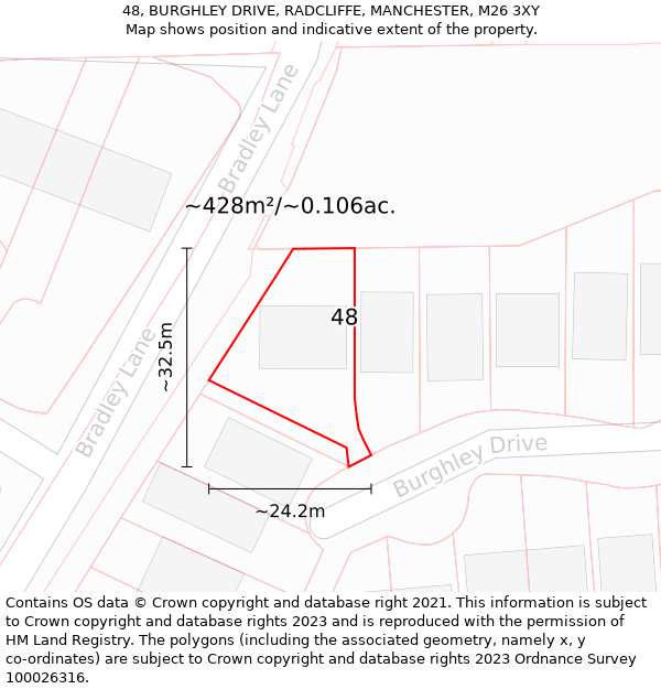 48, BURGHLEY DRIVE, RADCLIFFE, MANCHESTER, M26 3XY: Plot and title map