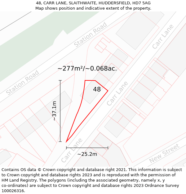 48, CARR LANE, SLAITHWAITE, HUDDERSFIELD, HD7 5AG: Plot and title map