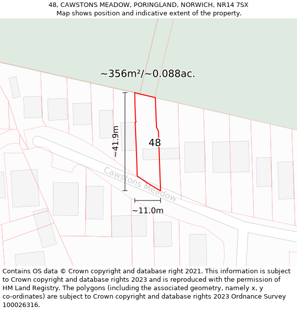 48, CAWSTONS MEADOW, PORINGLAND, NORWICH, NR14 7SX: Plot and title map