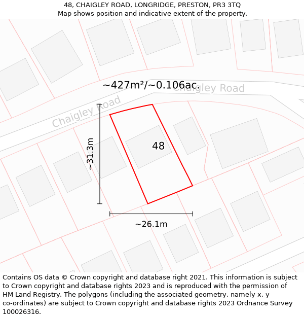 48, CHAIGLEY ROAD, LONGRIDGE, PRESTON, PR3 3TQ: Plot and title map