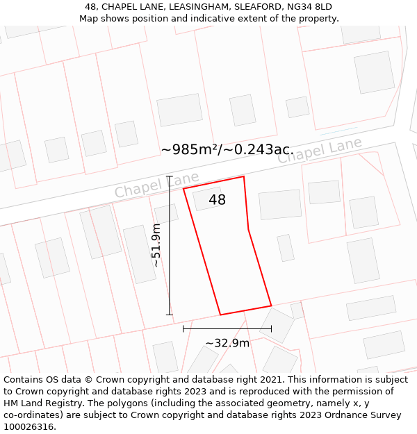 48, CHAPEL LANE, LEASINGHAM, SLEAFORD, NG34 8LD: Plot and title map