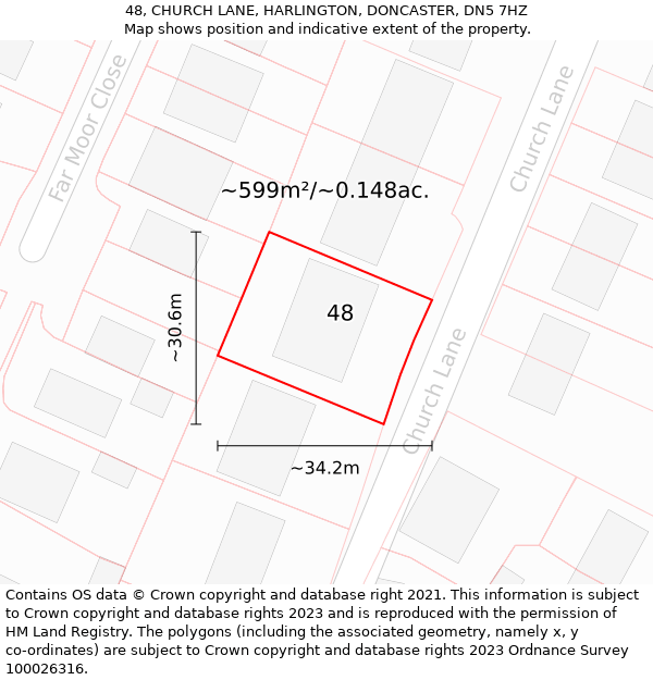 48, CHURCH LANE, HARLINGTON, DONCASTER, DN5 7HZ: Plot and title map