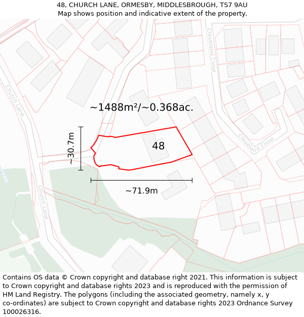 48, CHURCH LANE, ORMESBY, MIDDLESBROUGH, TS7 9AU: Plot and title map