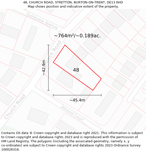 48, CHURCH ROAD, STRETTON, BURTON-ON-TRENT, DE13 0HD: Plot and title map