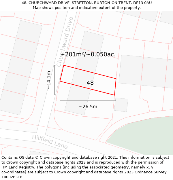 48, CHURCHWARD DRIVE, STRETTON, BURTON-ON-TRENT, DE13 0AU: Plot and title map