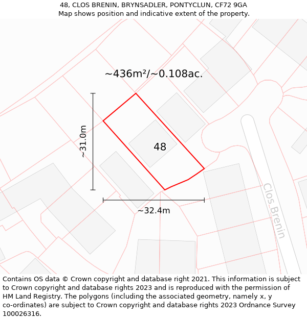 48, CLOS BRENIN, BRYNSADLER, PONTYCLUN, CF72 9GA: Plot and title map