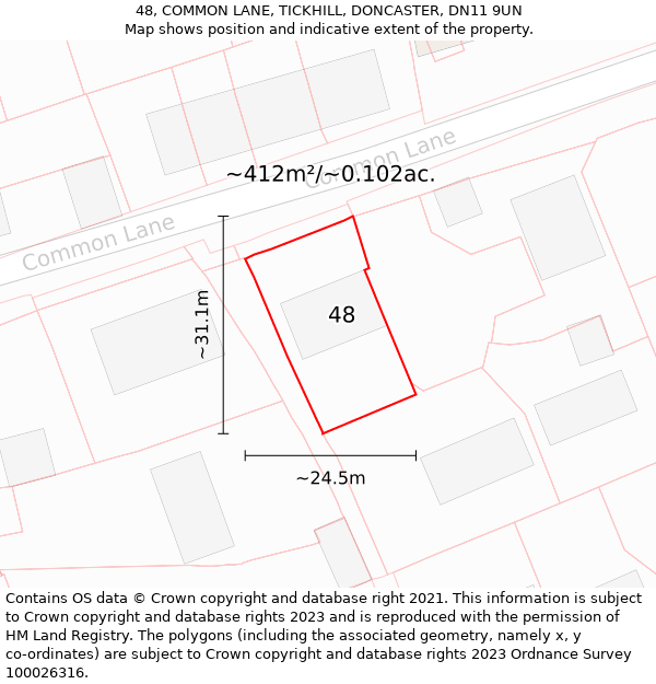 48, COMMON LANE, TICKHILL, DONCASTER, DN11 9UN: Plot and title map