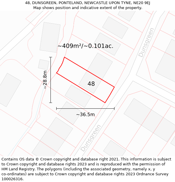 48, DUNSGREEN, PONTELAND, NEWCASTLE UPON TYNE, NE20 9EJ: Plot and title map