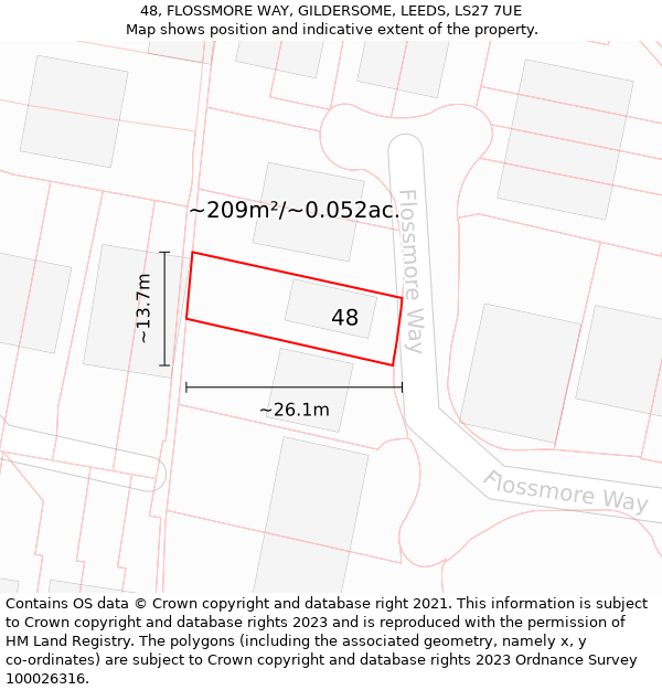 48, FLOSSMORE WAY, GILDERSOME, LEEDS, LS27 7UE: Plot and title map