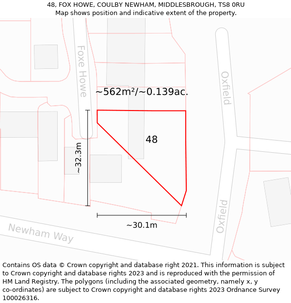 48, FOX HOWE, COULBY NEWHAM, MIDDLESBROUGH, TS8 0RU: Plot and title map