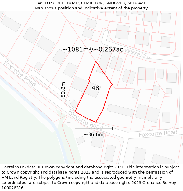 48, FOXCOTTE ROAD, CHARLTON, ANDOVER, SP10 4AT: Plot and title map