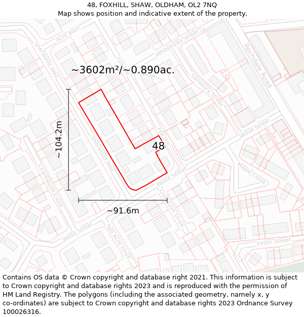 48, FOXHILL, SHAW, OLDHAM, OL2 7NQ: Plot and title map