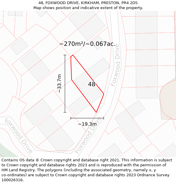 48, FOXWOOD DRIVE, KIRKHAM, PRESTON, PR4 2DS: Plot and title map