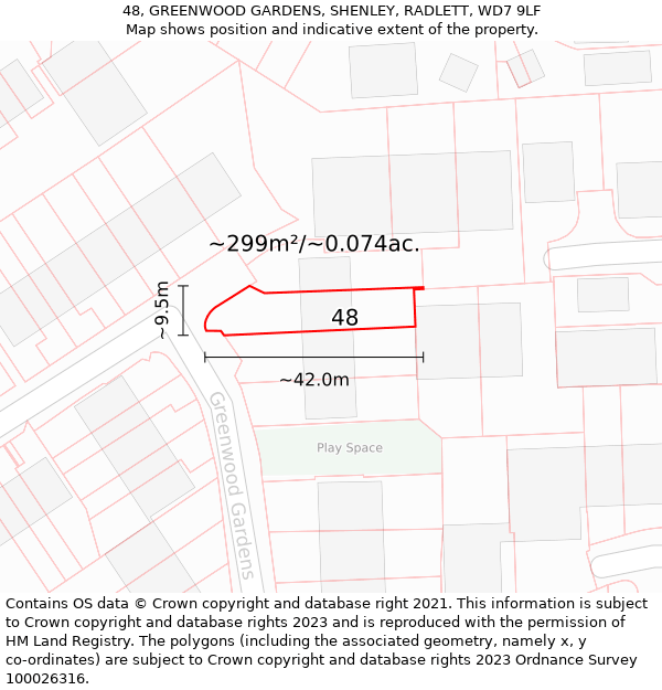 48, GREENWOOD GARDENS, SHENLEY, RADLETT, WD7 9LF: Plot and title map