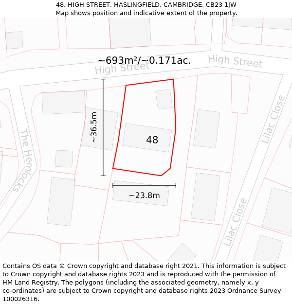48, HIGH STREET, HASLINGFIELD, CAMBRIDGE, CB23 1JW: Plot and title map