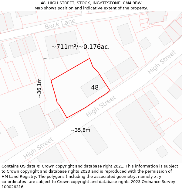 48, HIGH STREET, STOCK, INGATESTONE, CM4 9BW: Plot and title map