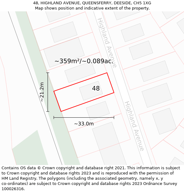 48, HIGHLAND AVENUE, QUEENSFERRY, DEESIDE, CH5 1XG: Plot and title map