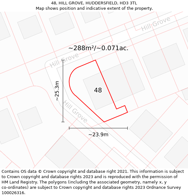 48, HILL GROVE, HUDDERSFIELD, HD3 3TL: Plot and title map