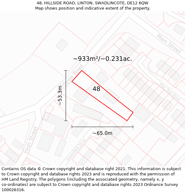 48, HILLSIDE ROAD, LINTON, SWADLINCOTE, DE12 6QW: Plot and title map